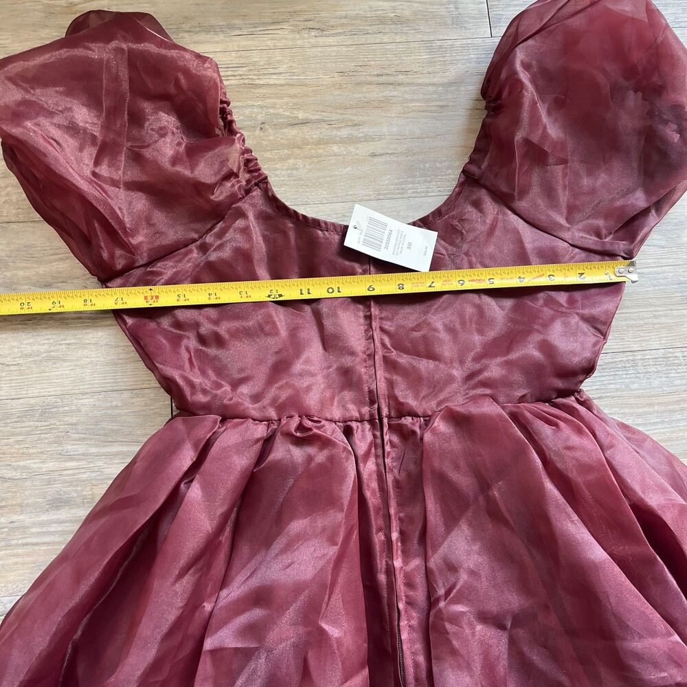 Hot Topic Cosmic Aura Dress Small Maroon Tiered Puff Sleeve Ruffle Mini NWT - Picture 7 of 7